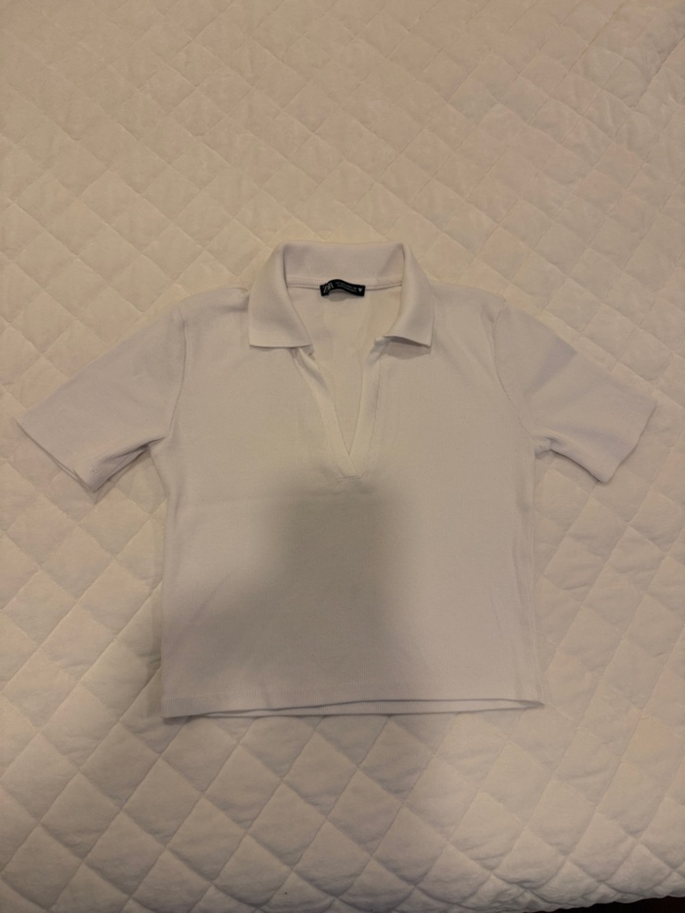 ZARA White Short-Sleeve Crop Polo Top